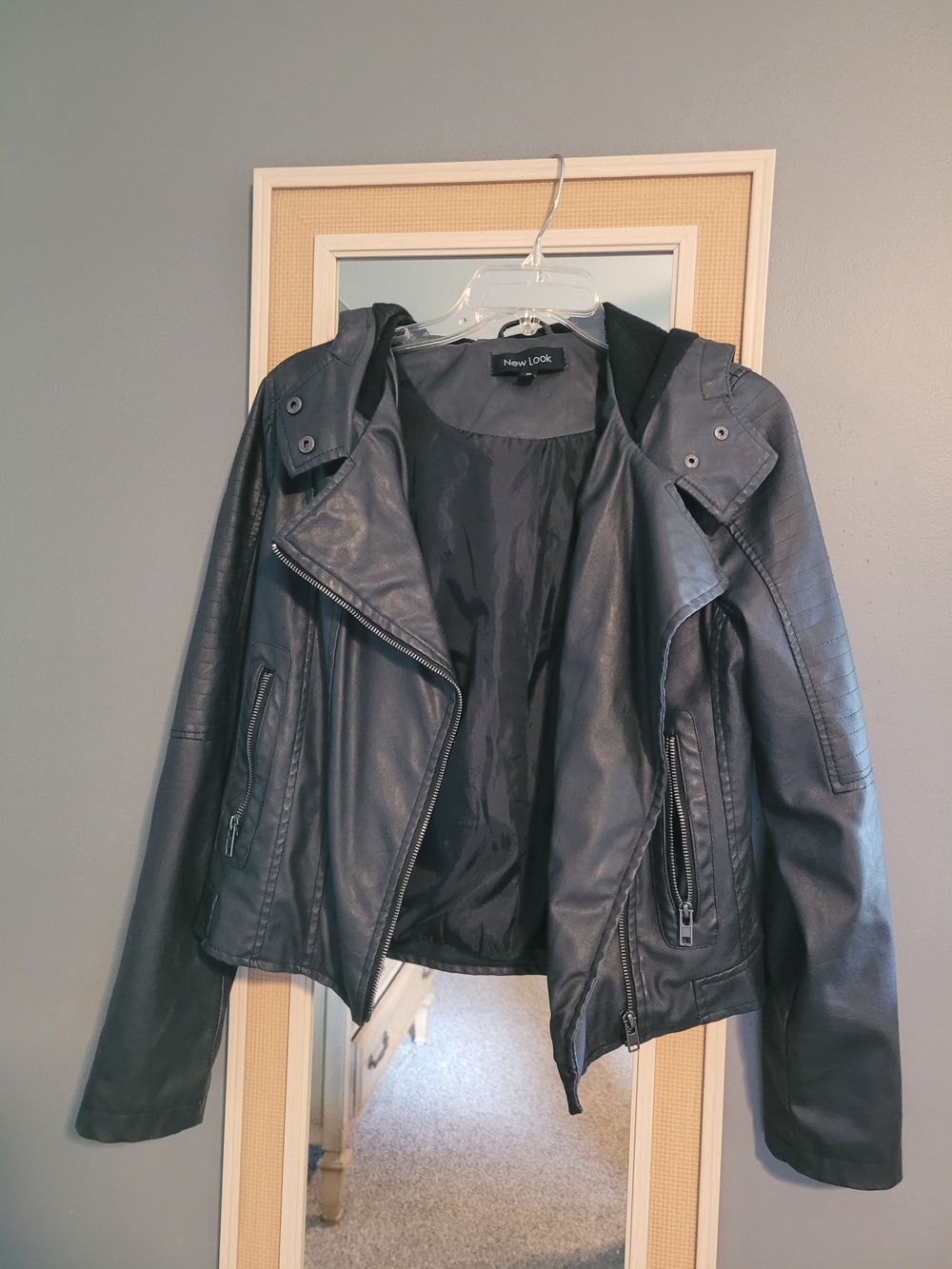 New Look Black Faux Leather Moto Jacket with Hood